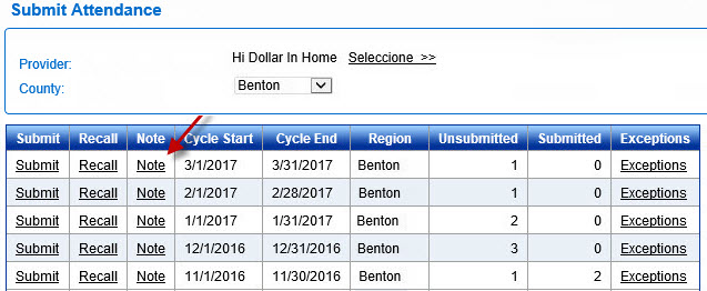 An image showing how to leave a note on submitted attendance records