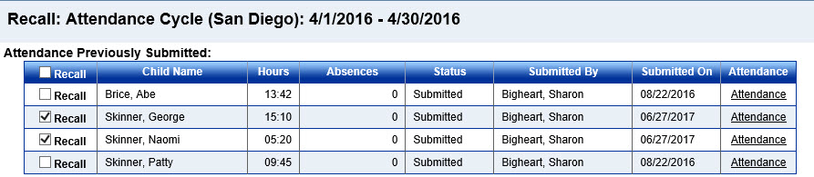 An image showing which attendance cycles can be recalled