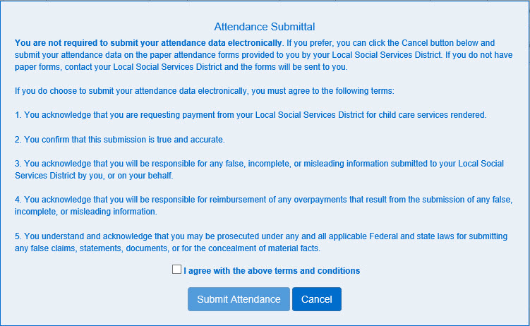 An image showing the option to submit or cancel the attendance submission.