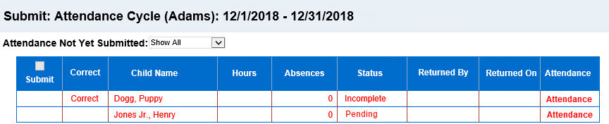 An image showing incomplete attendance records