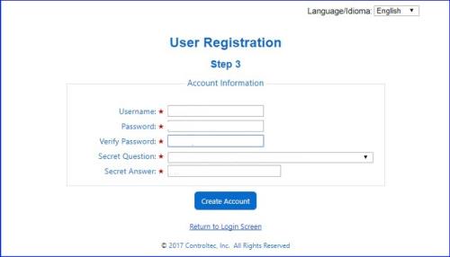 An image showing the fields for username, password, and security question creation 