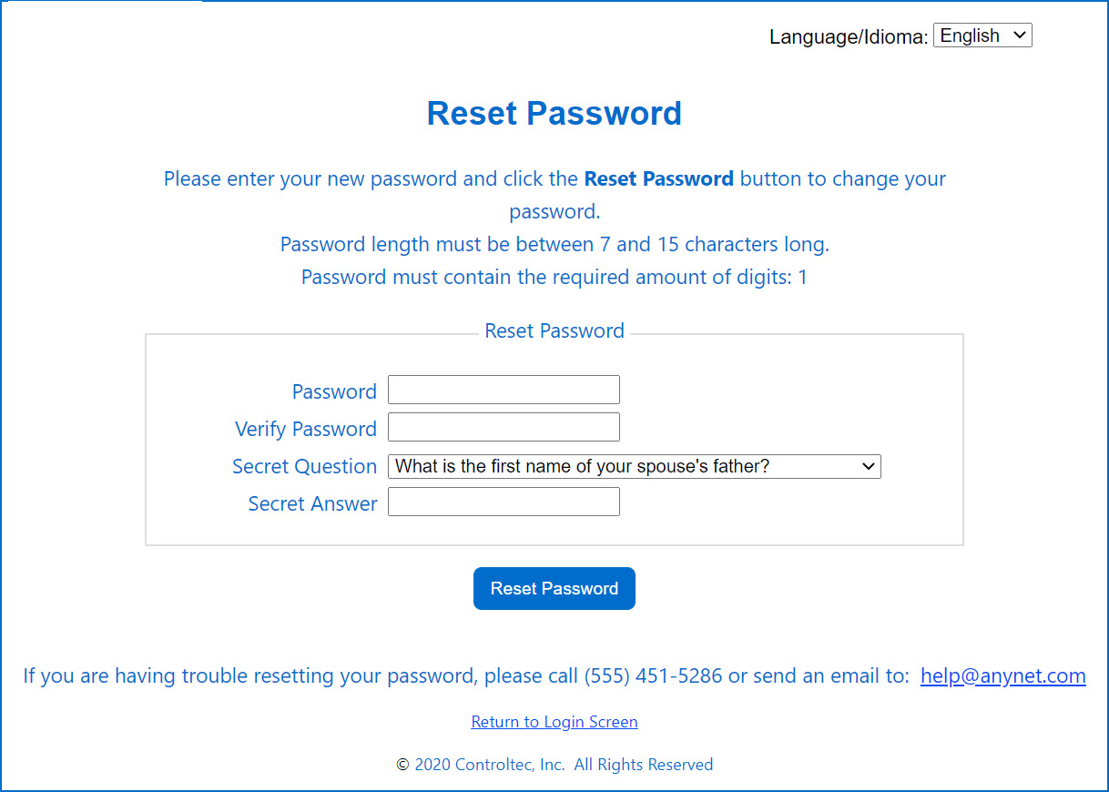 An image showing the Reset Password page.