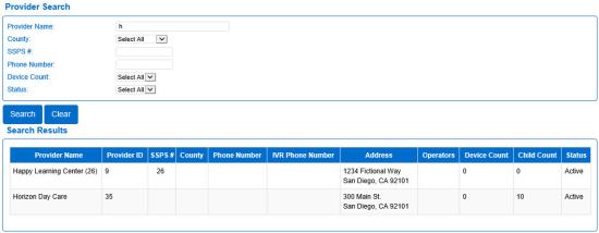 An image showing the results from searching the provider search page